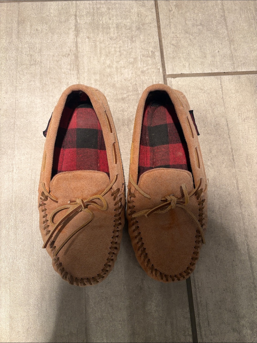 Tan Suede Moccasin Slip-On Loafers with Red Plaid Lining